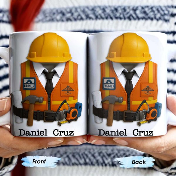 Celebrate Your Everyday Hero with This Engineer-Themed Coffee Mug Featuring Helmet, Tie, Vest, Tools - Personalized Custom Coffee Mug - GRAD298_MG