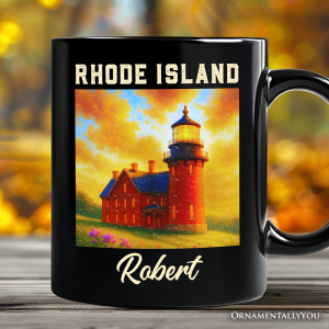 Charming Rhode Island State Southeast Lighthouse Personalized Mug, Block Island Coastal Landmark Gift and Seaside Souvenir with Custom Name