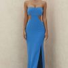 Charming Strapless Cut Out High Slit Maxi Prom Formal Dress - Blue