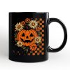 Checkered Floral Pumpkin Personalized Mug, Retro Preppy Halloween Gift with Custom Name for Spooky Season Vibes