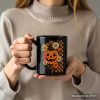 Checkered Floral Pumpkin Personalized Mug, Retro Preppy Halloween Gift with Custom Name for Spooky Season Vibes