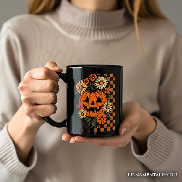 Checkered Floral Pumpkin Personalized Mug, Retro Preppy Halloween Gift with Custom Name for Spooky Season Vibes