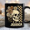 Checkered Floral Skeleton Personalized Mug, Vintage Skull Daisy Halloween Gift with Custom Name