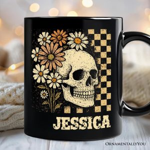 Checkered Floral Skeleton Personalized Mug, Vintage Skull Daisy Halloween Gift with Custom Name