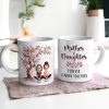 Cherry Blossom Mug with Mother & Daughter Cartoon, Personalized Gift