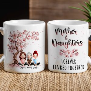 Cherry Blossom Mug with Mother & Daughter Cartoon, Personalized Gift
