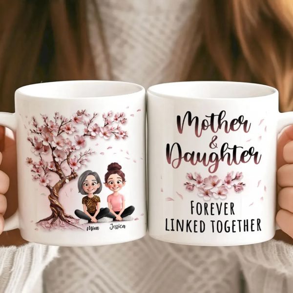 Cherry Blossom Mug with Mother & Daughter Cartoon, Personalized Gift