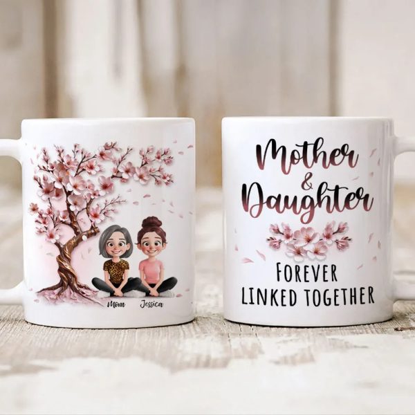 Cherry Blossom Mug with Mother & Daughter Cartoon, Personalized Gift