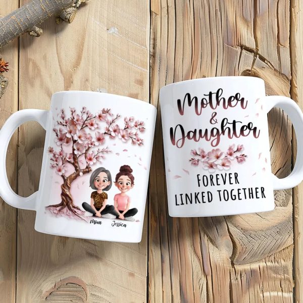 Cherry Blossom Mug with Mother & Daughter Cartoon, Personalized Gift