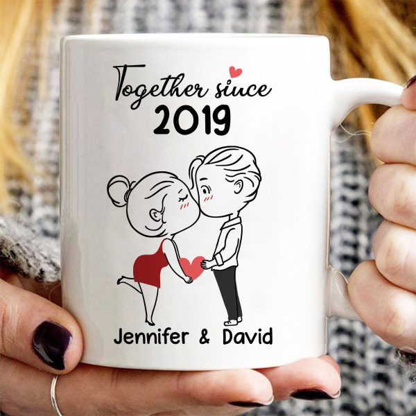 Chibi Couple Kissing Outline Personalized Mug - Gift For Him Gift For Her