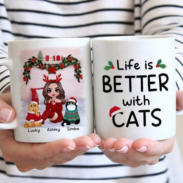 Christmas Cat Mom Sitting On Bed Life Is Better With Cats Personalized Mug