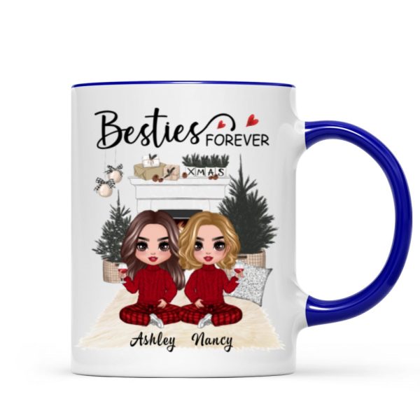 Christmas Doll Besties At Fireplace Personalized Mug
