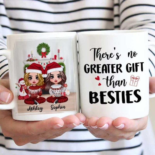 Christmas Doll Besties Sitting At Fireplace Personalized Mug
