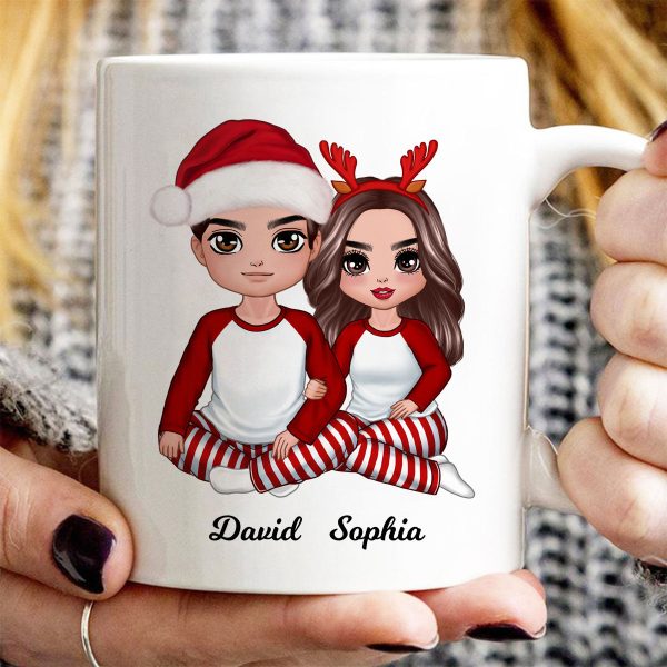 Christmas Doll Couple Sitting Hugging Personalized Mug