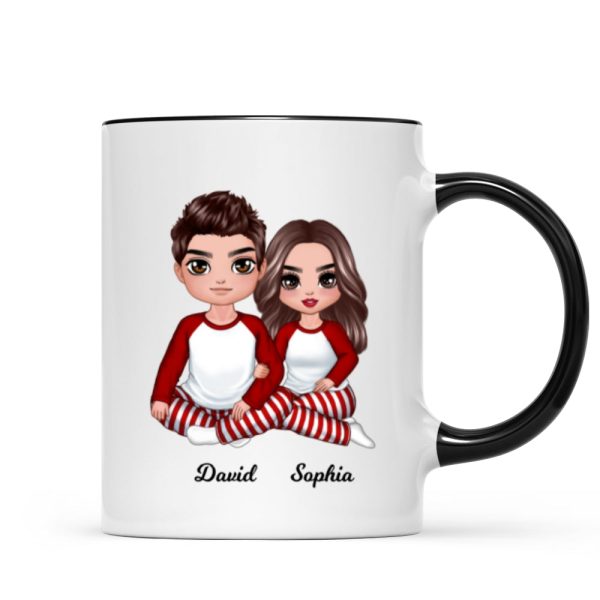 Christmas Doll Couple Sitting Hugging Personalized Mug