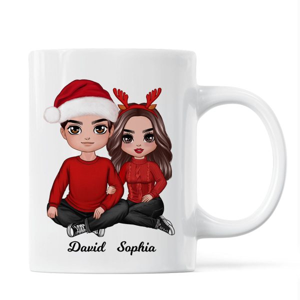 Christmas Doll Couple Sitting Hugging Personalized Mug