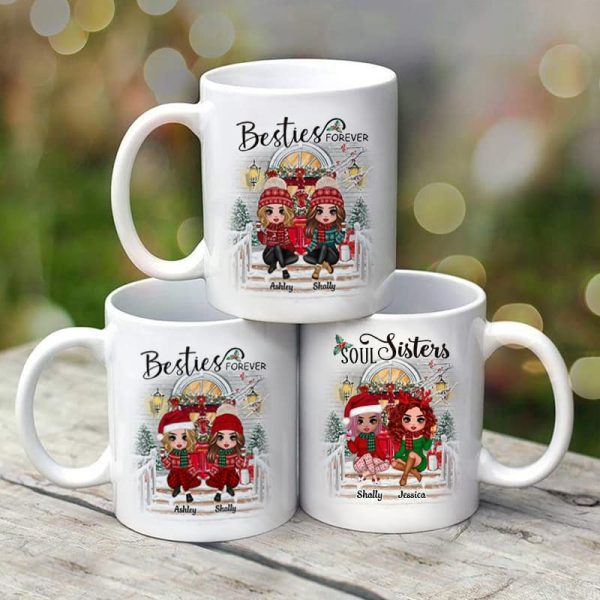Christmas Doll Sitting Best Friends Sisters Front Porch Personalized Mug