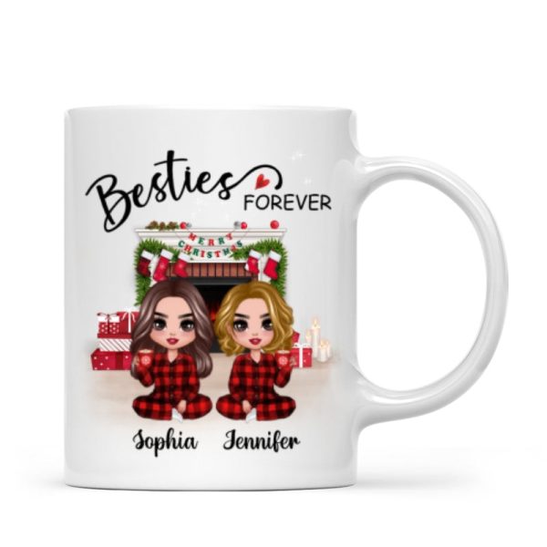 Christmas Pajamas Doll Besties Sisters Sitting At Fireplace Personalized Mug