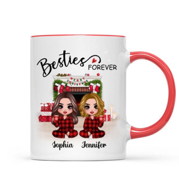 Christmas Pajamas Doll Besties Sisters Sitting At Fireplace Personalized Mug
