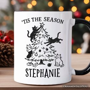Christmas Tree Killer Cats Personalized Mug, Tis the Season Funny Holiday Gift with Custom Name