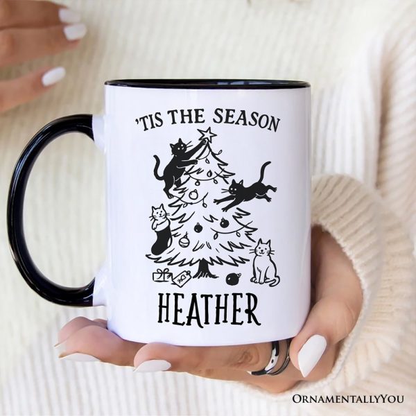 Christmas Tree Killer Cats Personalized Mug, Tis the Season Funny Holiday Gift with Custom Name
