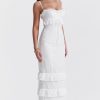 Classy Ruffle Sweetheart Broderie Anglaise Fitted Layered Maxi Sundress - White