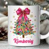 Colorful Glitter Christmas Tree Pink Bow Personalized Mug, Pink Bow Coquette Holiday Gift with Custom Name