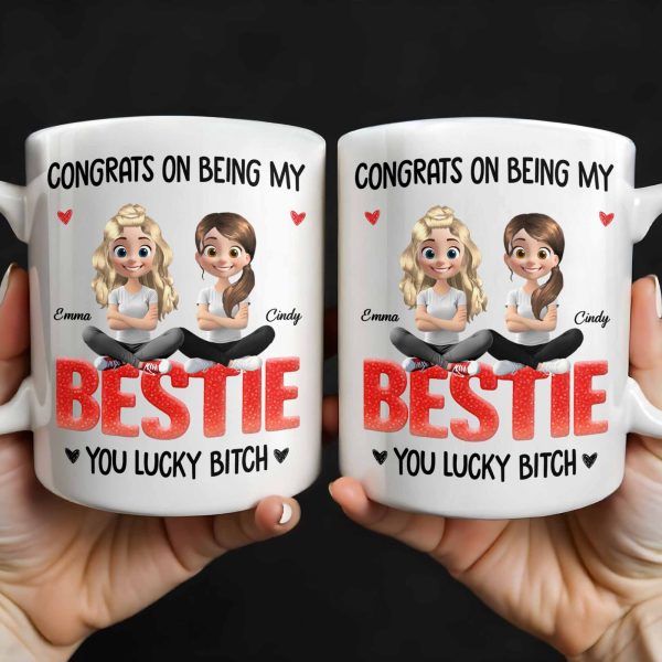 Congrats On Being My Bestie, Two Animated Girls Design - Personalized Custom Coffee Mug - BST464_MG