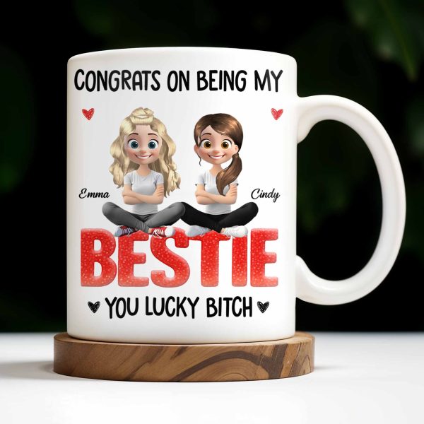 Congrats On Being My Bestie, Two Animated Girls Design - Personalized Custom Coffee Mug - BST464_MG