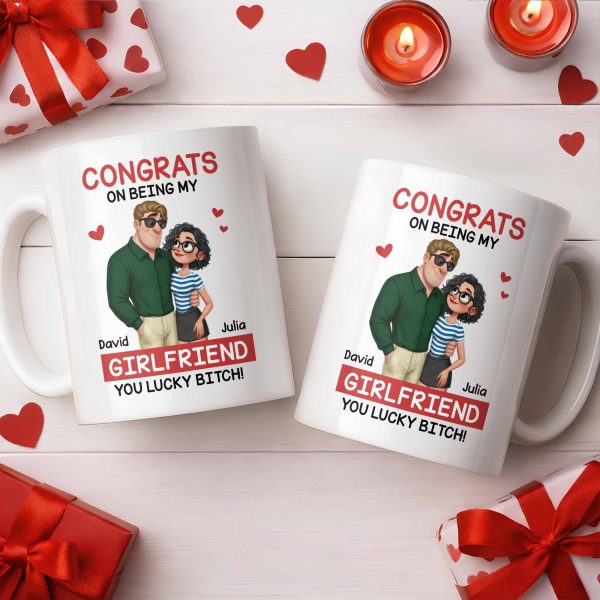 Congrats On Being My Girlfriend, Couple With Hearts - Personalized Custom Coffee Mug - CPL1344_MG