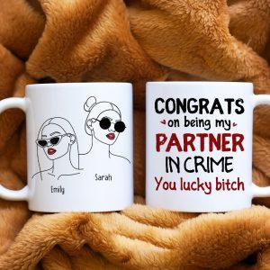 Congrats On Being My Partner In Crime, Gift For Bestie, Peesonalized Mug, Glasses Girl Coffee Mug, Bestie Gift