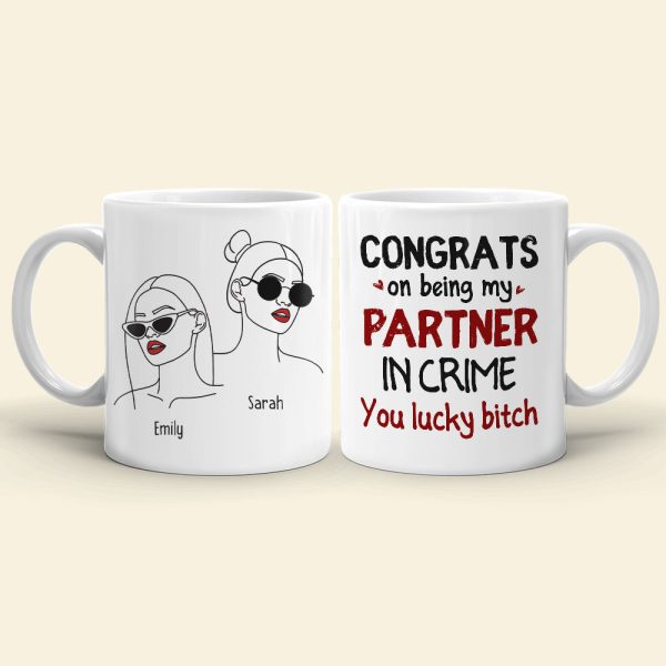 Congrats On Being My Partner In Crime, Gift For Bestie, Peesonalized Mug, Glasses Girl Coffee Mug, Bestie Gift