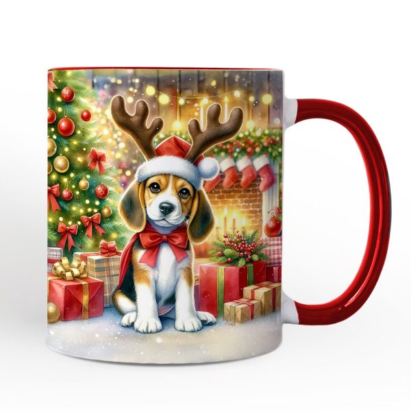 Cozy Fireplace Beagle Personalized Mug, Snuggly Canine Christmas Gift with Custom Name