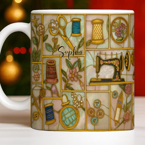 Craft Themed Personalized Mug Featuring Sewing Machine And Flowers - Personalized Custom Coffee Mug - HOB001_MG