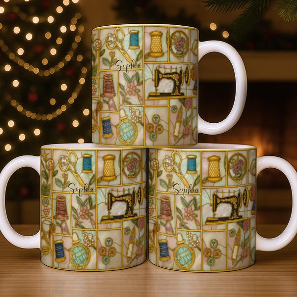 Craft Themed Personalized Mug Featuring Sewing Machine And Flowers - Personalized Custom Coffee Mug - HOB001_MG