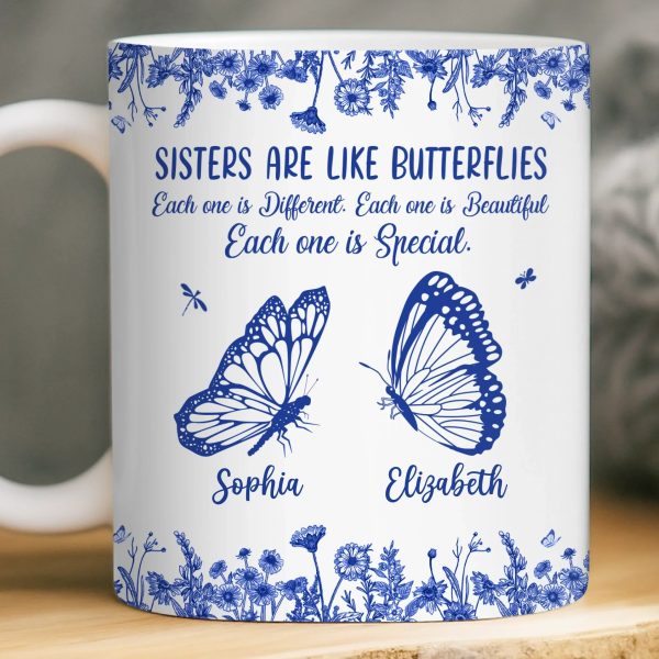 Custom Mug - Personalized Best Friend Birthday Gifts For Women - Sisters Bloom On Colorful Wings