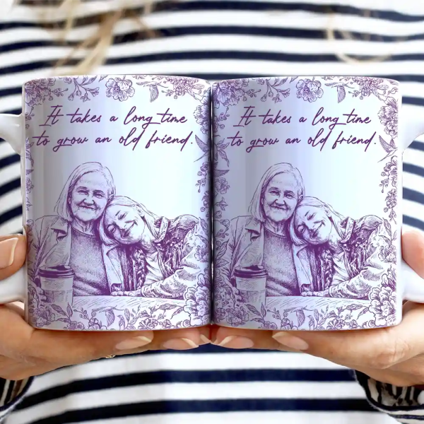Custom Photo Pencil Sketch A True Friendship Is A Journey Without An End - Personalized White Edge-to-Edge Mug