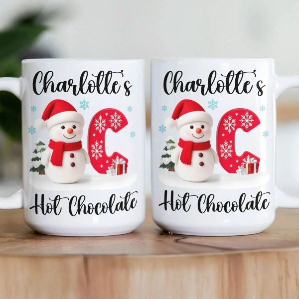 Custom Snowman Initial White Ceramic Mug for Hot Chocolate & Morning Coffee Festive Personalized Christmas Gift, Fun and Cute Winter Present