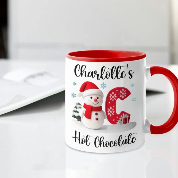 Custom Snowman Initial White Ceramic Mug for Hot Chocolate & Morning Coffee Festive Personalized Christmas Gift, Fun and Cute Winter Present