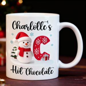 Custom Snowman Initial White Ceramic Mug for Hot Chocolate & Morning Coffee Festive Personalized Christmas Gift, Fun and Cute Winter Present