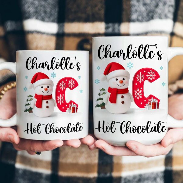 Custom Snowman Initial White Ceramic Mug for Hot Chocolate & Morning Coffee Festive Personalized Christmas Gift, Fun and Cute Winter Present