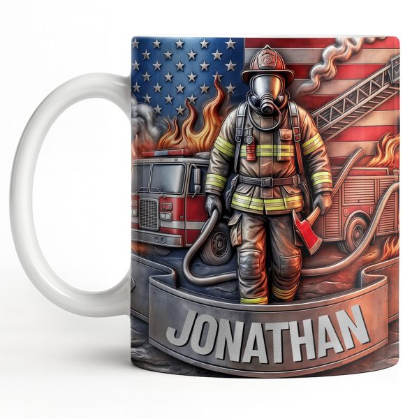 Customizable Firefighter With Fire Truck and American Flag - Personalized Custom Coffee Mug - FIF056_MG