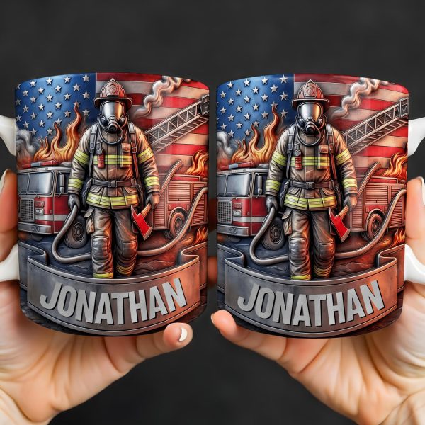 Customizable Firefighter With Fire Truck and American Flag - Personalized Custom Coffee Mug - FIF056_MG