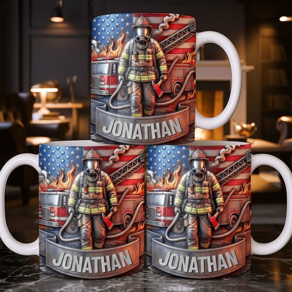 Customizable Firefighter With Fire Truck and American Flag - Personalized Custom Coffee Mug - FIF056_MG