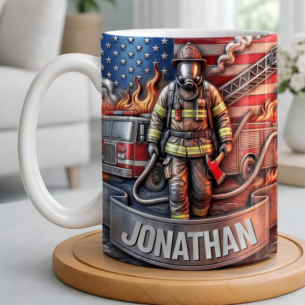 Customizable Firefighter With Fire Truck and American Flag - Personalized Custom Coffee Mug - FIF056_MG