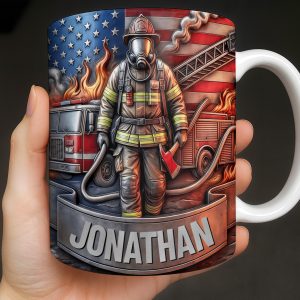 Customizable Firefighter With Fire Truck and American Flag - Personalized Custom Coffee Mug - FIF056_MG