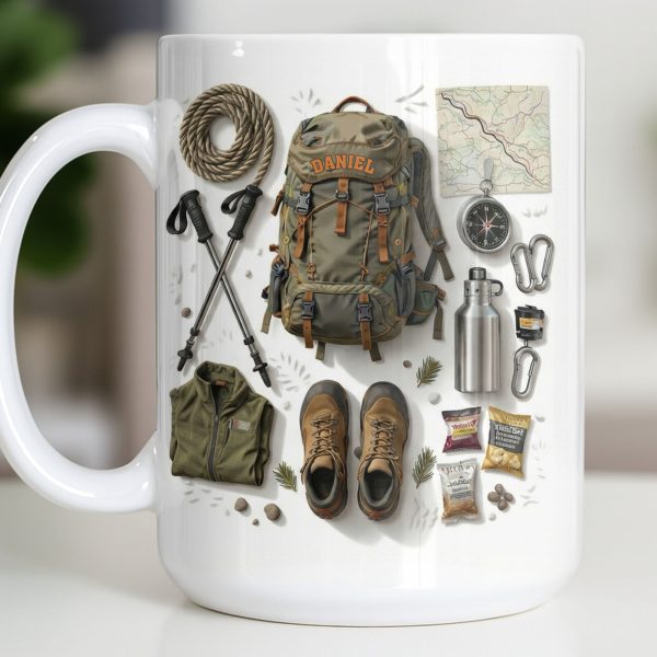 Customize Essential Outdoor Adventure Gear Backpack, Boots, Map - Personalized Custom Coffee Mug - HOB048_MG
