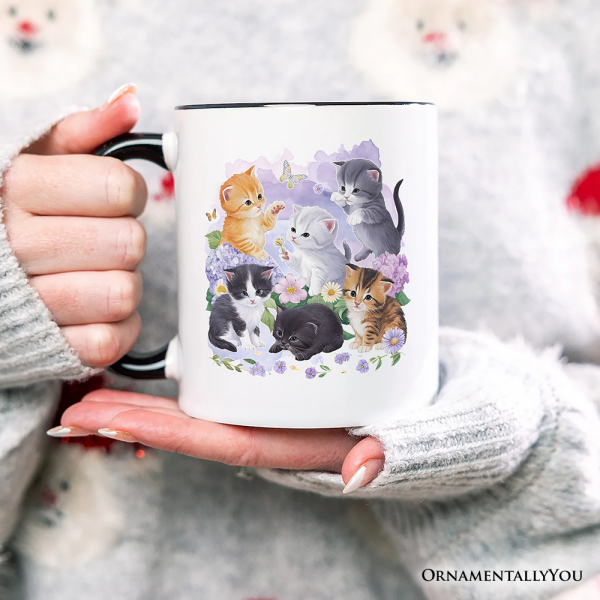 Cute Baby Cats Wildflower Personalized Mug, Cottagecore Botanical Cat Gift with Custom Name