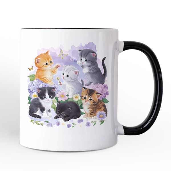 Cute Baby Cats Wildflower Personalized Mug, Cottagecore Botanical Cat Gift with Custom Name
