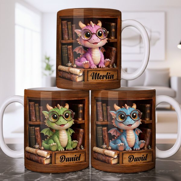 Cute Baby Dragon With Glasses, Books And Scrolls Wooden Bookshelf - Personalized Custom Coffee Mug - BLV093_MG